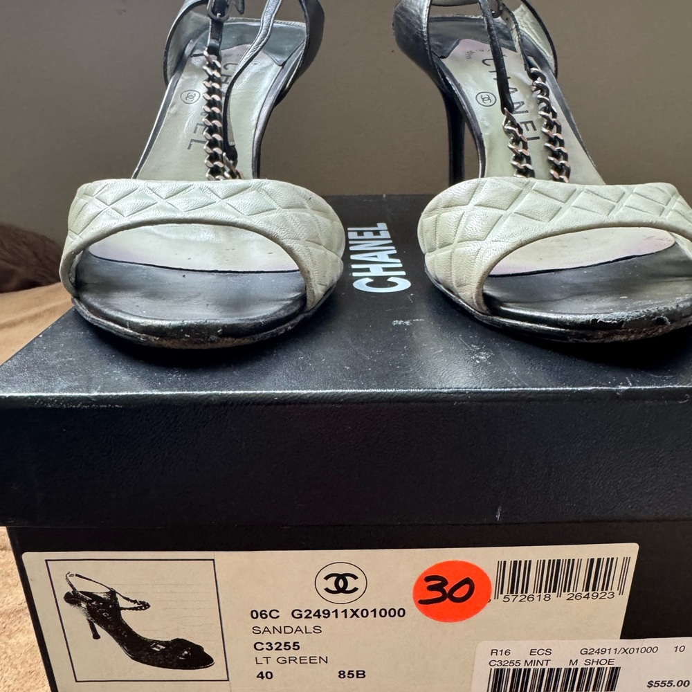 Chanel sandals with chain ankle strap in mint green and black details size 40